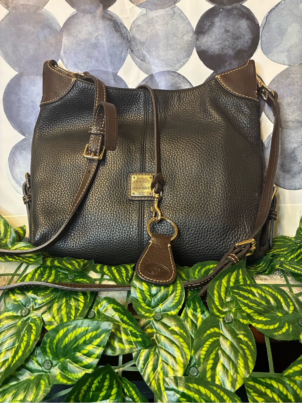 Dooney & Bourke Black Pebble Leather Shoulder Hobo with Brown Trim